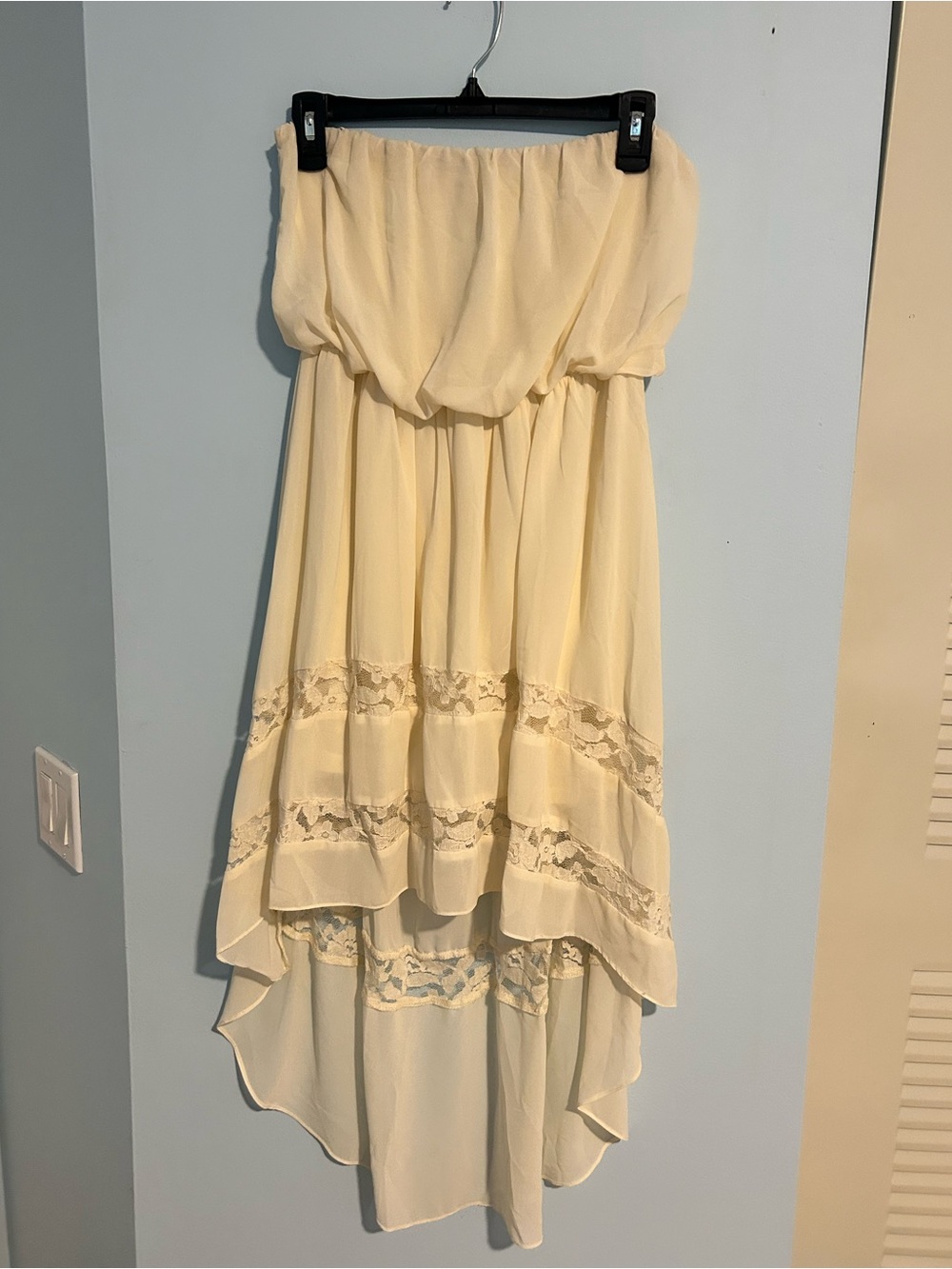 Cream Strapless High-Low Lace Trim Dress